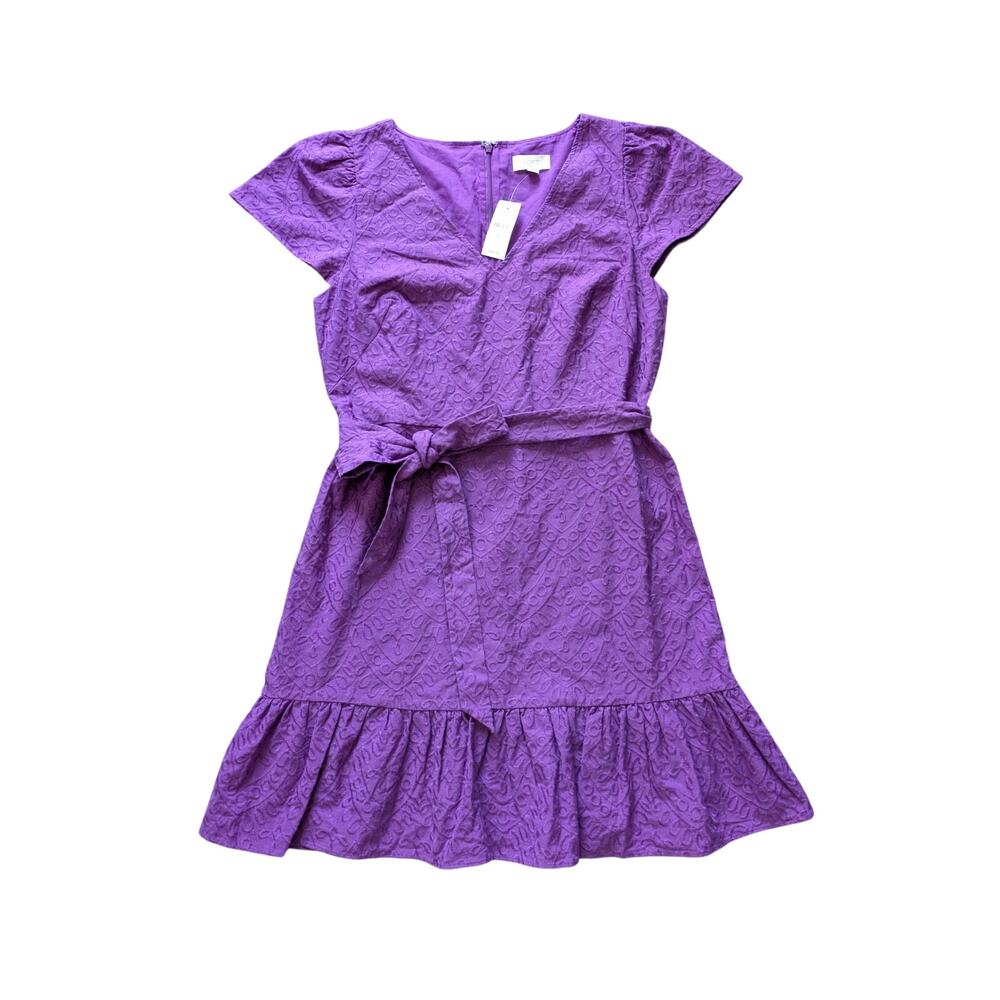 NWT LOFT Fit and Flare Belted Dress Womans 8 Purple Cotton Ruffle Hem Coastal